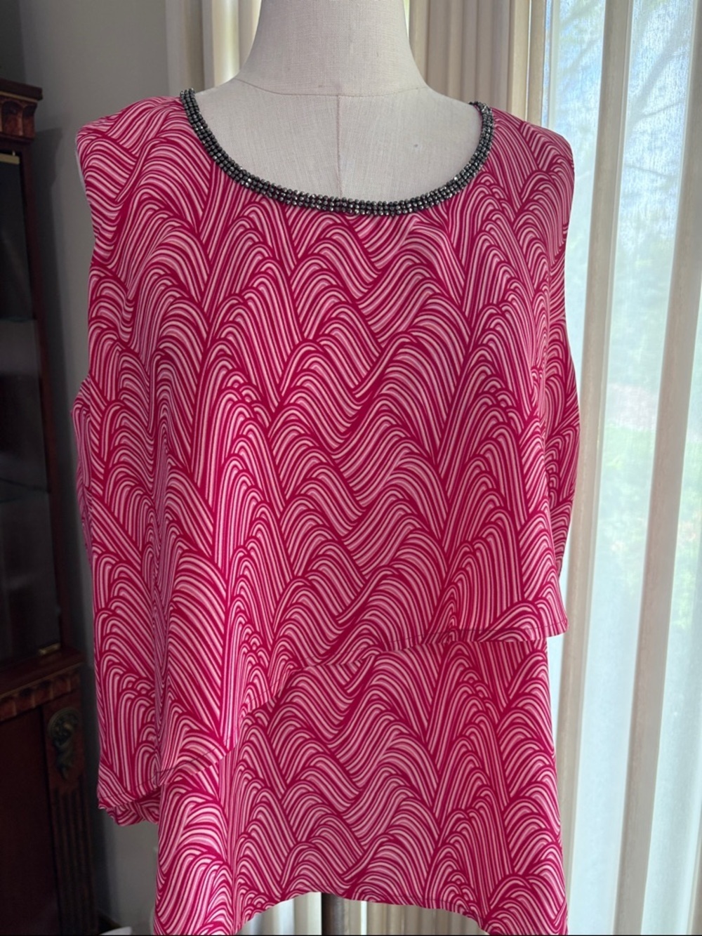 Juicy Couture Pink Wave-Print Sleeveless Tunic Beaded Neckline tiered layered XL